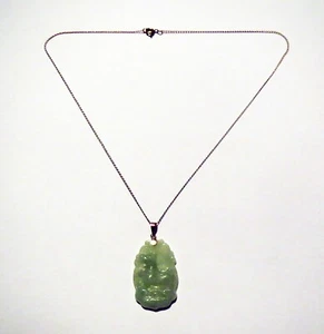 Antica COLLANA GIADA VERDE traslucida cinese ORO 14K - FOO DOG FIORE DI LOTO - Foto 1 di 5