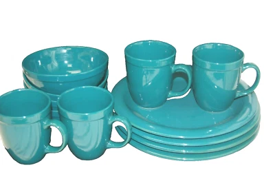 Juego de vajilla verde azulado 12 piezas platos de cena, cuencos, tazas servicio para 4 M4408 Foto 1 de 4