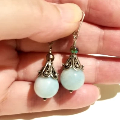 **复古 925 纯银正品海蓝宝石吊坠耳环 * — 第 1/4 张图片