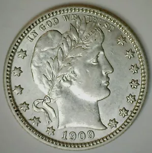 1909 D Silver Barber Quarter 25c US Type Coin Denver Minted Almost Uncirculated - Picture 1 of 2
