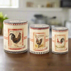 Primitive/Farmhouse 3 pc Cream and Black Round Rooster Tins - Picture 1 of 2