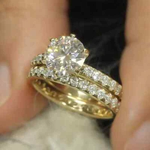 3Ct Round-Cut VVS1 Moissanite Bridal Engagement Ring Set 14K Yellow Gold Plated - Picture 1 of 7