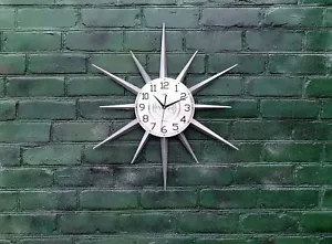 30" Silver Atomic Clock Starburst Unique Wall Clock George Nelson Style Sunburst - Picture 1 of 10