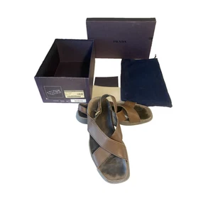 PRADA Sandals Mens Size 8.5 Brown Calfskin Calzature Uomo Novo Calf Cross Over - Picture 1 of 19