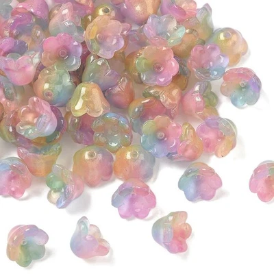 10 Glass Flower Bead Pink Blue Ombre Glitter Findings Set 12mm Jewelry Supplies - Image 1 of 2