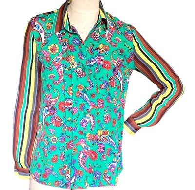 DURO OLOWU Mixed Floral & Striped Pleated Button Down Shirt S #164C - Image 1 of 4