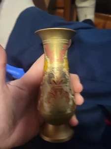Very Old Brass Or Copper Vase Or Container Painted Engraved Etc - Picture 1 of 4