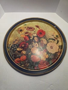 Vintage Floral Still Life Round Metal Tin Serving Tray Blue Gold Rim Decor Bar - Picture 1 of 5