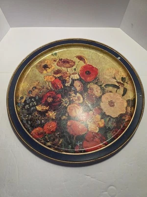 Vintage Floral Still Life Round Metal Tin Serving Tray Blue Gold Rim Decor Bar - Image 1 of 4