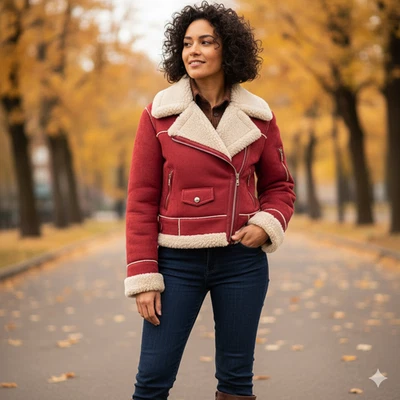 Women’s Red Suede Shearling Jacket | Christmas Coat | Winter Suede Jacket women - Image 1 of 3