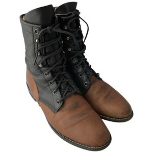 Vintage Justin Boots 639 Leather Roper Lace Boots Black/Brown Men's Size 8 D - Picture 1 of 15