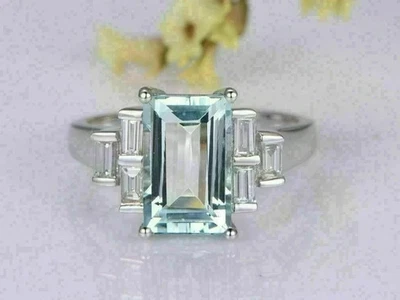 3Ct Emerald Cut Aquamarine Solitaire Engagement Ring 14K White Gold Plated - Image 1 of 4