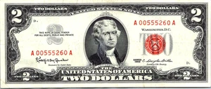1963 $2 Red Seal (FANCY SERIAL # A00555260A ) Legal Tender CVF-XF-Fr. 1513 - Picture 1 of 3