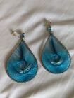 Blue thread teardrop pierced earrings 70's style 3.5" long