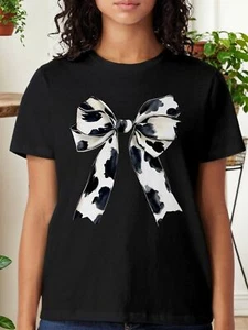 Chic Women's Tee with Black & White Bow Print-Casual Round Neck Short Sleeve Top - Picture 1 of 12