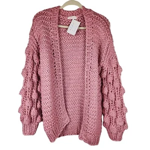 Womens O/S Chunky Bobble Knit Crochet Long Sleeve Sweater Cardigan Pink Boho - Picture 1 of 15
