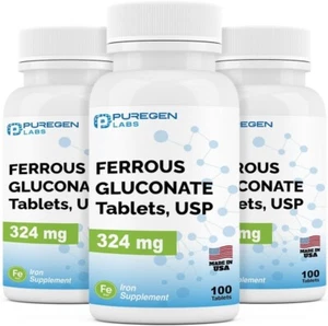Puregen Ferrous Gluconate 324 mg [High Potency] Iron Supplement 100 tabs 3 Pack - Picture 1 of 7