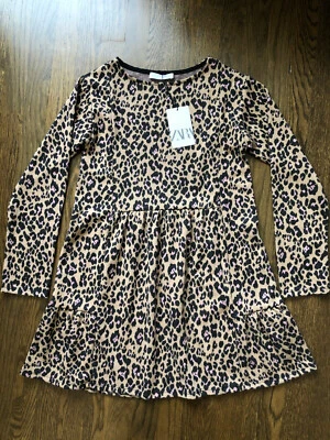 NWT Zara Girls Collection Camel Black Leopard Print Long Sleeve Dress 13 14 - Image 1 of 4