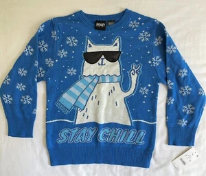 New Mad Engine Stay Chill Holiday Sweater Unisex Kids Size XS Blue & White - Picture 1 of 2