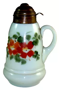 Vintage Light Green Milk Glass Syrup Pourer Pitcher Bottle & Hinged Metal Lid - Picture 1 of 6
