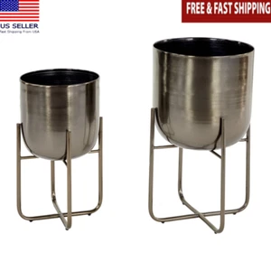 Set of 2 Black Metal Planters Removable Stand Decorative Indoor Outdoor Planters - Picture 1 of 8