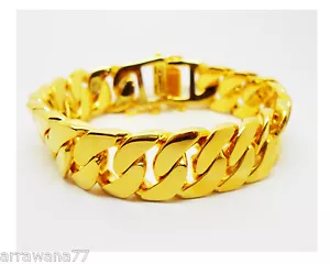 Men's Bracelet Heavy 23K 24K THAI BAHT YELLOW GOLD Plated  Bangle 9 inch 18 mm - Picture 1 of 2