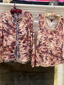 ESCADA Sweater Twin SET Cardigan Top Fantasy XL NWOT Abstract With Sparkle Trim - Picture 1 of 21