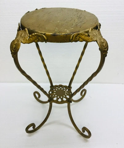 Antique Victorian Plant Stand Pierced Twisted Wrought Iron with Round Wood Top Cover