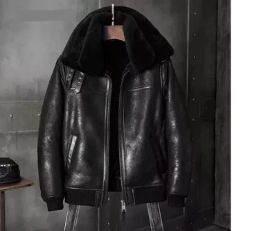 Men's B3 RAF Flight Bomber Aviator Real Sheepskin Leather Jacket Shearling Black - Image 1 of 2