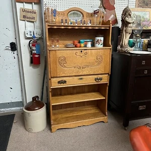 Antique Oak Wooden Secretary Desk Bookshelf Cabinet - Picture 1 of 7