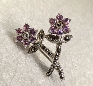 925 Sterling Silver Pink CZ/Marcasite Flower Brooch Pin Fine Jewelry - Picture 1 of 6