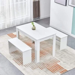 3 Pcs Compact Modern Dining Table Set w/ Table 2 Bench Seats Kitchen Home - Picture 1 of 15