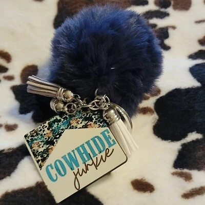 Cowhide Junkie Western Pom Pom Tassel Keychain Custom Handmade Key Ring - Image 1 of 2