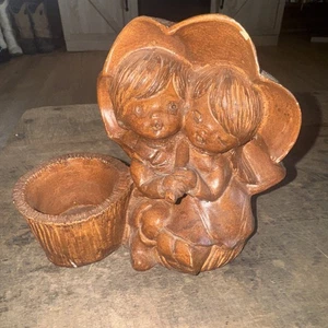 Vtg Folk Art Hand Carved Candle Holder Signed Ricardo Girl Boy Under Umbrella - Picture 1 of 8