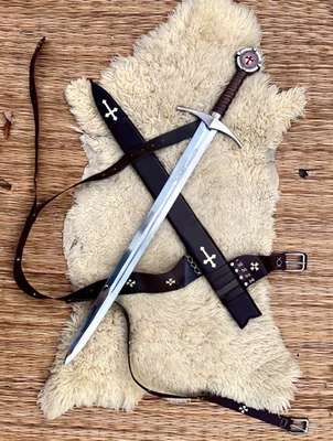 Legendary Handmade High Carbon Steel Medieval Knight Sword with Leather Scabbard - Image 1 of 4