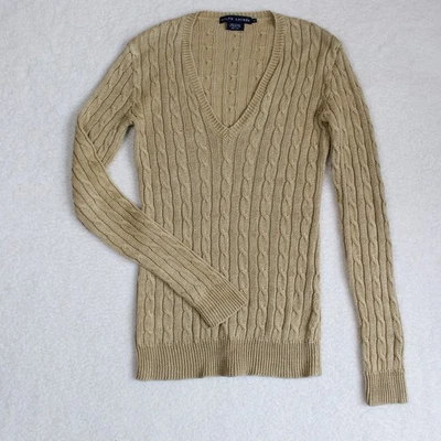 Suéter Ralph Lauren Mujer Pequeño Bronceado Lino Cable Tejido Metálico Preppy Tenis Foto 1 de 4