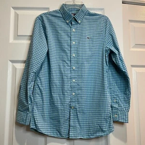 Vineyard Vines Shirt Boys Youth L (16) Blue Plaid Check Whale Button Up Nylon - Picture 1 of 14