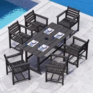 7 Pieces Outdoor Patio Dining Table Set HDPE Furniture Table with Umbrella Hole - Picture 1 of 12