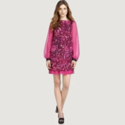 Tory Burch Dress Pink Floral Mini Sheath Wool Silk Long Sleeve Sheer  Size 4 - Image 1 of 4