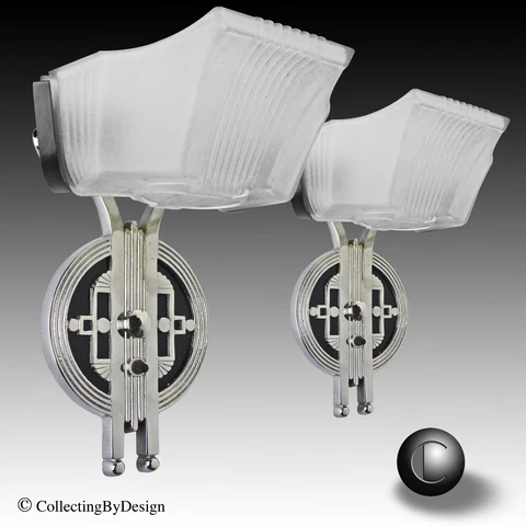 Pair MARKEL Machine Age Art Deco Chrome Slip Shade Sconces c.1933 Cover