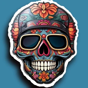 UV laminated Colorful Skull Wearing a Motorcycle Helmet Sticker - Free Shipping - Picture 1 of 1