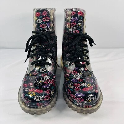 Dirty Laundry | Black Floral Lace Boots Size 7 Jelly Combat | Grunge Rockabilly - Image 1 of 4