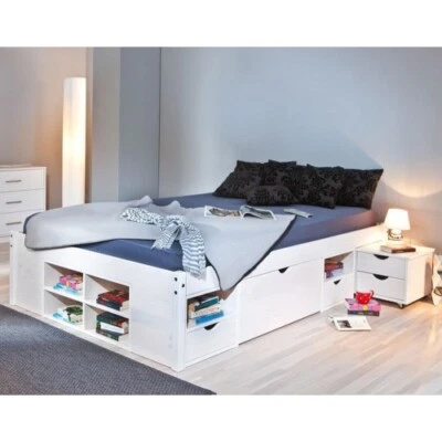 Letto Matrimoniale 180x200 King Size Bianco Rete a Doghe con Cassetti In Legno - Immagine 1 di 4