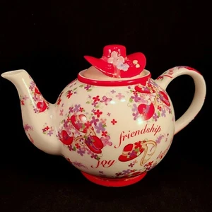 Pink Chintz Teapot Red Hat Society Cardew Design Porcelain 2004 Betty RHS10013 - Picture 1 of 11