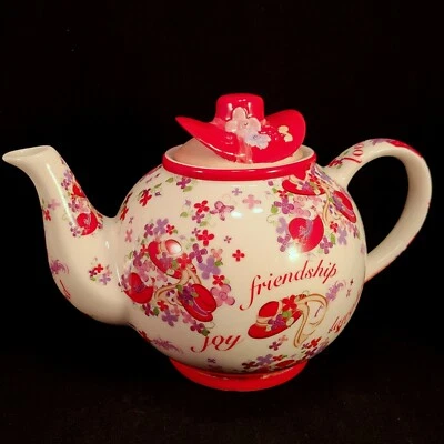 Pink Chintz Teapot Red Hat Society Cardew Design Porcelain 2004 Betty RHS10013 - Image 1 of 4