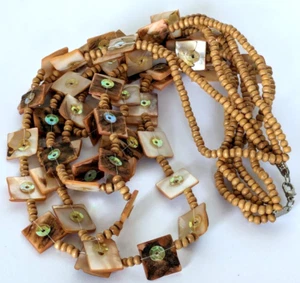 Chunky peach abalone, wood & sequin bead multi strand layered necklace a01 - Picture 1 of 10