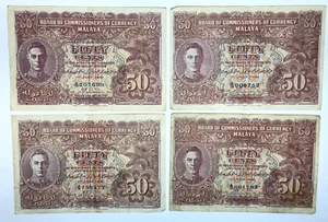 4 x 1941 Malaya 50 Fifty Cents, George VI, 4 Scheine - Bild 1 von 2