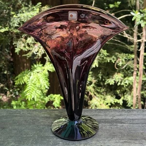 BLENKO Handmade Blown Glass Amethyst Purple Fan Vase Art Deco Style Vintage 90’s - Picture 1 of 17