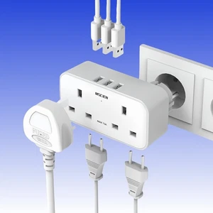Travel Adapter with 3 USB Ports & 2 AC Outlets  3250W Power Max, 2-Pin Sockets - Picture 1 of 9