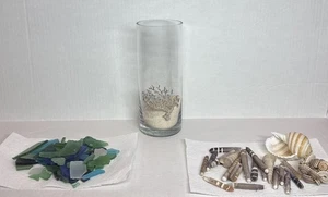 Zodax Glass/Metal 9 1/2” Vase  With Sand, Sea glass And Shells - Picture 1 of 15